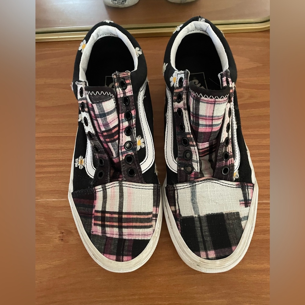 New Vans Old Skool Floral Plaid Patchwork Black/White Sneakers 9